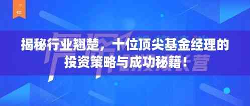 揭秘行业翘楚,十位顶尖基金经理的投资策略与成功秘籍!